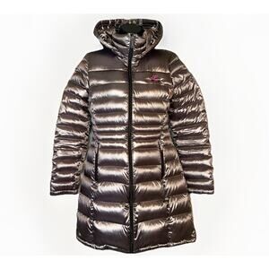 Andrew Marc SM Premium Down Quilted Puffer Silver Gray Hooded Long Metal Jacket